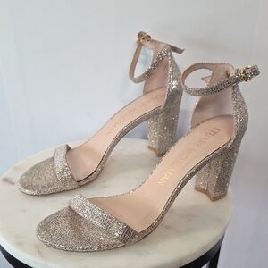 Stuart Weitzman Glitter Ankle Strap Block Heels - Champagne Sparkle Size 9.5